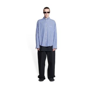 Men's Balenciaga Bb Corp Large Fit Shirts Blue | 7618JCAYO