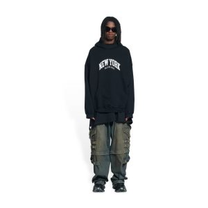 Men's Balenciaga Cities New York Wide Fit Hoodie Black | 8430AGLDP