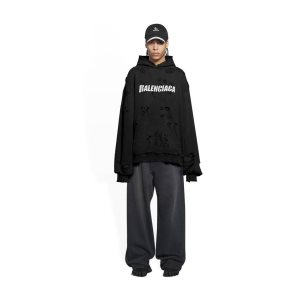 Men's Balenciaga Destroyed Hoodie Black | 6354AWIPL