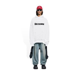 Men's Balenciaga Destroyed Hoodie White | 0296PAXUF