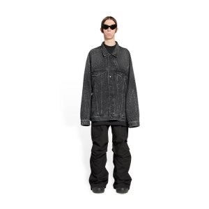 Men's Balenciaga Large Fit With Rhinestones Jackets Black | 8290WOSKR