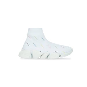 Men's Balenciaga Speed 2.0 Allover Logo Recycled Knit Sneakers White | 8742UYRNL