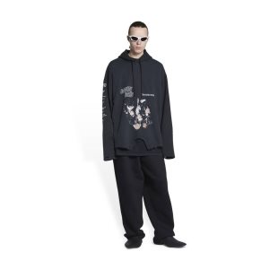 Men's Balenciaga Upside Down Oversized Hoodie Black | 8264UCQMJ