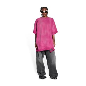 Women's Balenciaga 3b Sports Icon Repaired T Shirts Dark Pink | 8253KZEFS