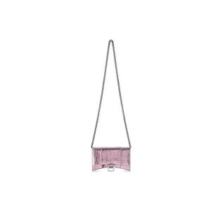 Women's Balenciaga Hourglass Metallized Crocodile Embossed Chain Strap Pink | 5786QBAHO