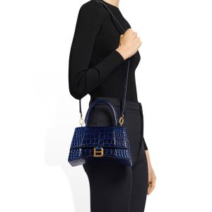 Women's Balenciaga Hourglass Small Crocodile Embossed Handbag Navy | 3487JRKCX