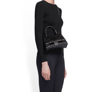 Women's Balenciaga Hourglass Small Crocodile Embossed Handbag Black | 8027VMJGT