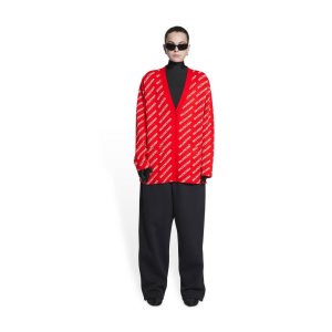 Women's Balenciaga Mini Allover Logo Cardigan Knitwear Red | 7891ACIRZ