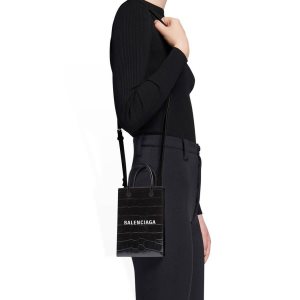 Women's Balenciaga Shopping Phone Holder Crocodile Embossed Mini Bag Black | 6350ULITB