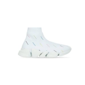 Women's Balenciaga Speed 2.0 Allover Logo Recycled Knit Sneakers White | 2637BFOUT