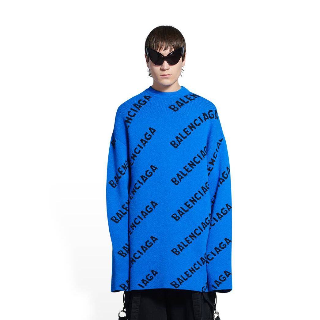 Men's Balenciaga Allover Logo Sweater Knitwear Blue | 5043PUNBC