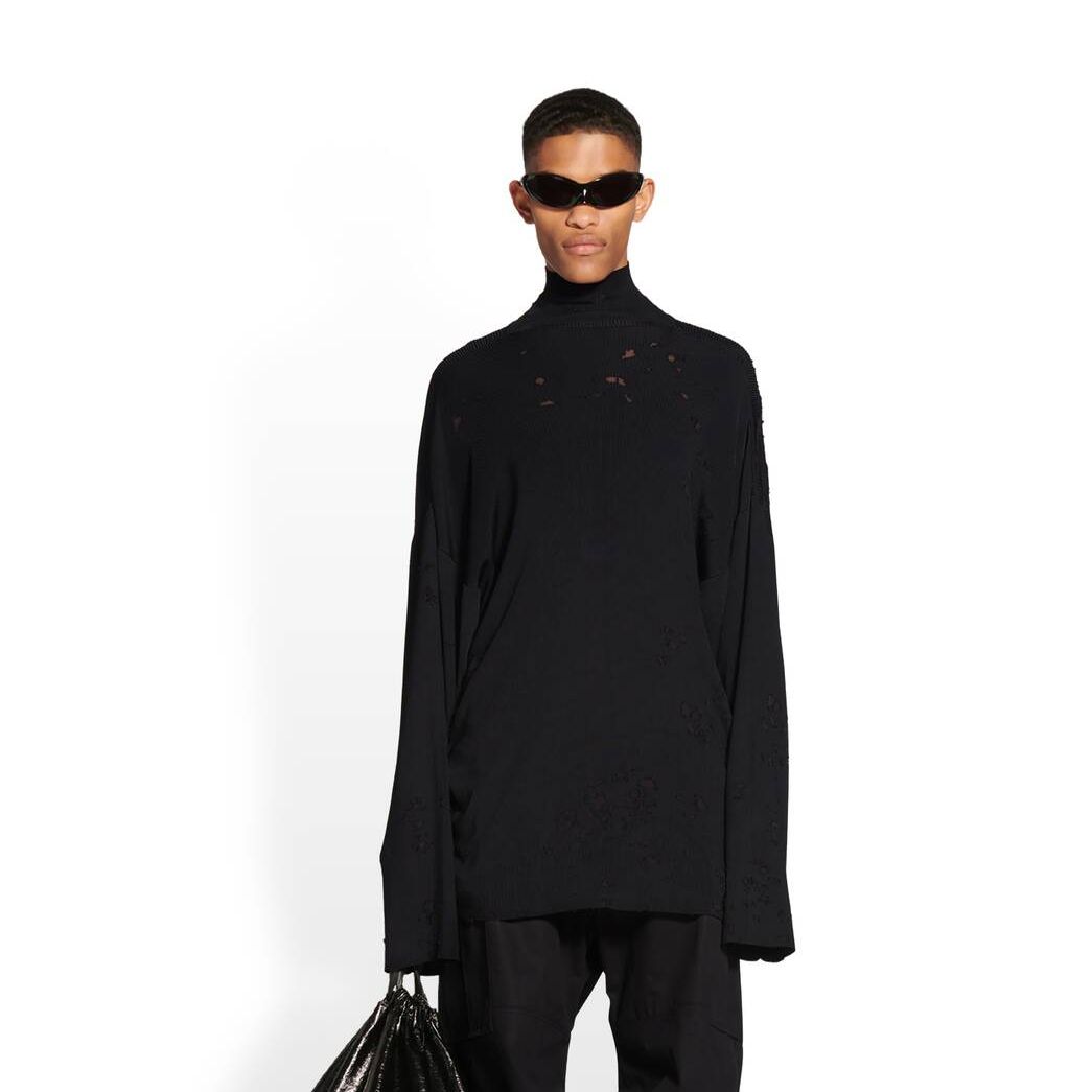 Men's Balenciaga Destroyed Turtleneck Sweater Knitwear Black | 6123USNEH