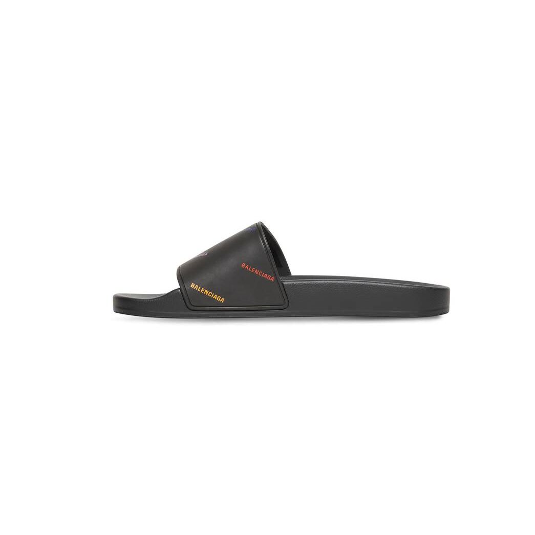 Men's Balenciaga Pride 22 Pool Slide Allover Logo Sandals Black | 8906LTGDO