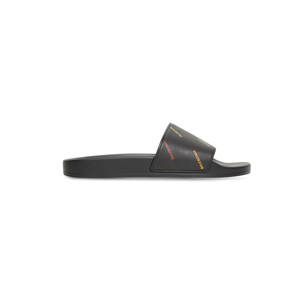 Men\'s Balenciaga Pride 22 Pool Slide Allover Logo Sandals Black | 8906LTGDO