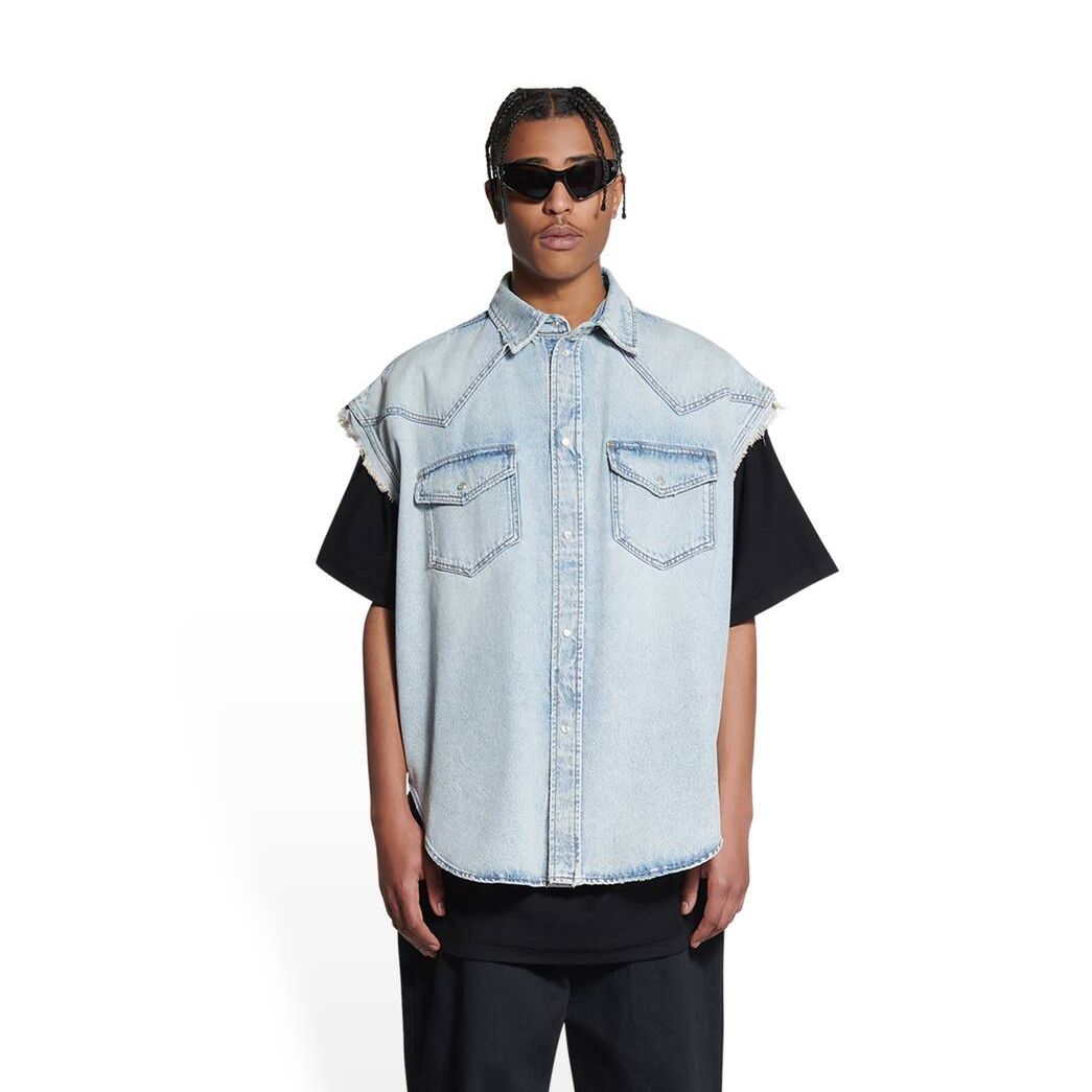 Men's Balenciaga Raw Cut Shirts Blue | 4072KWUQG