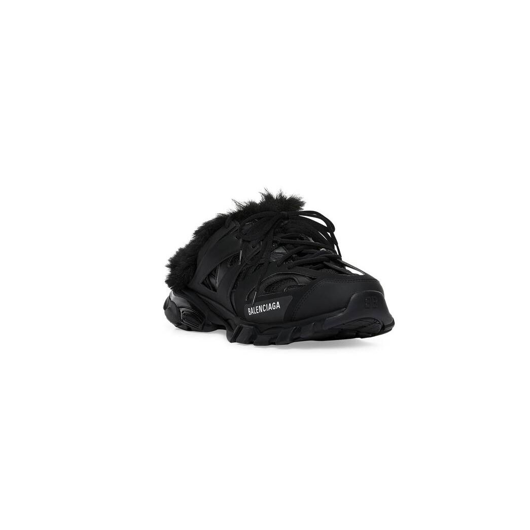 Men's Balenciaga Track Mule Fake Fur Sandals Black | 0472WZSXM