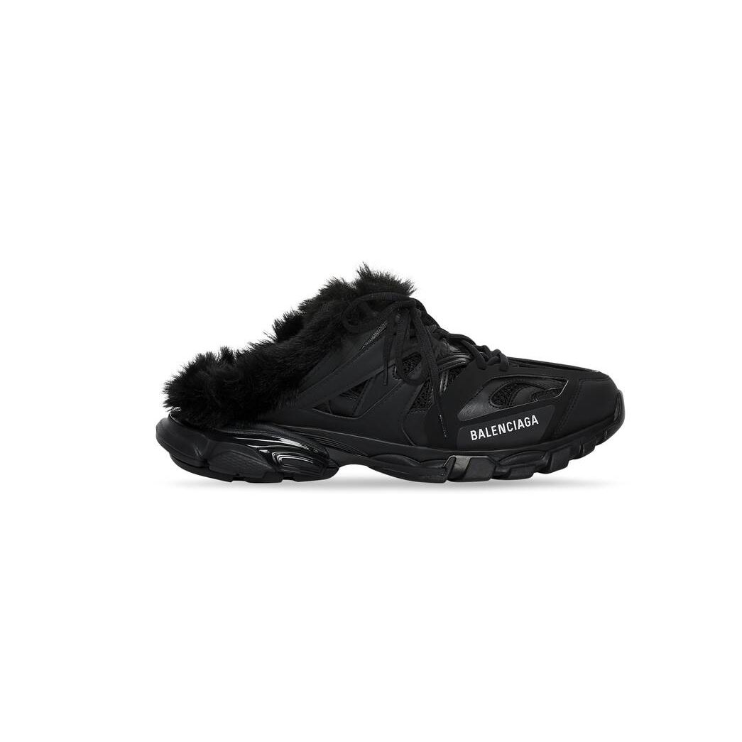 Men\'s Balenciaga Track Mule Fake Fur Sandals Black | 0472WZSXM