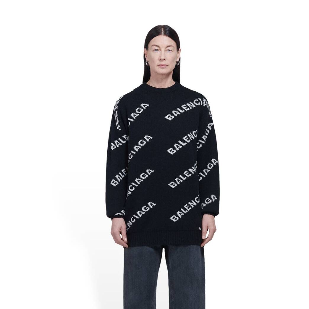 Women's Balenciaga Allover Logo Sweater Knitwear Black | 7236QWHGZ