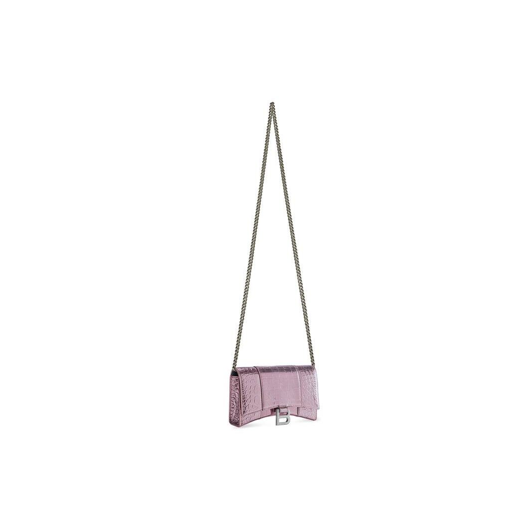 Women's Balenciaga Hourglass Metallized Crocodile Embossed Chain Strap Pink | 9480DOUEZ