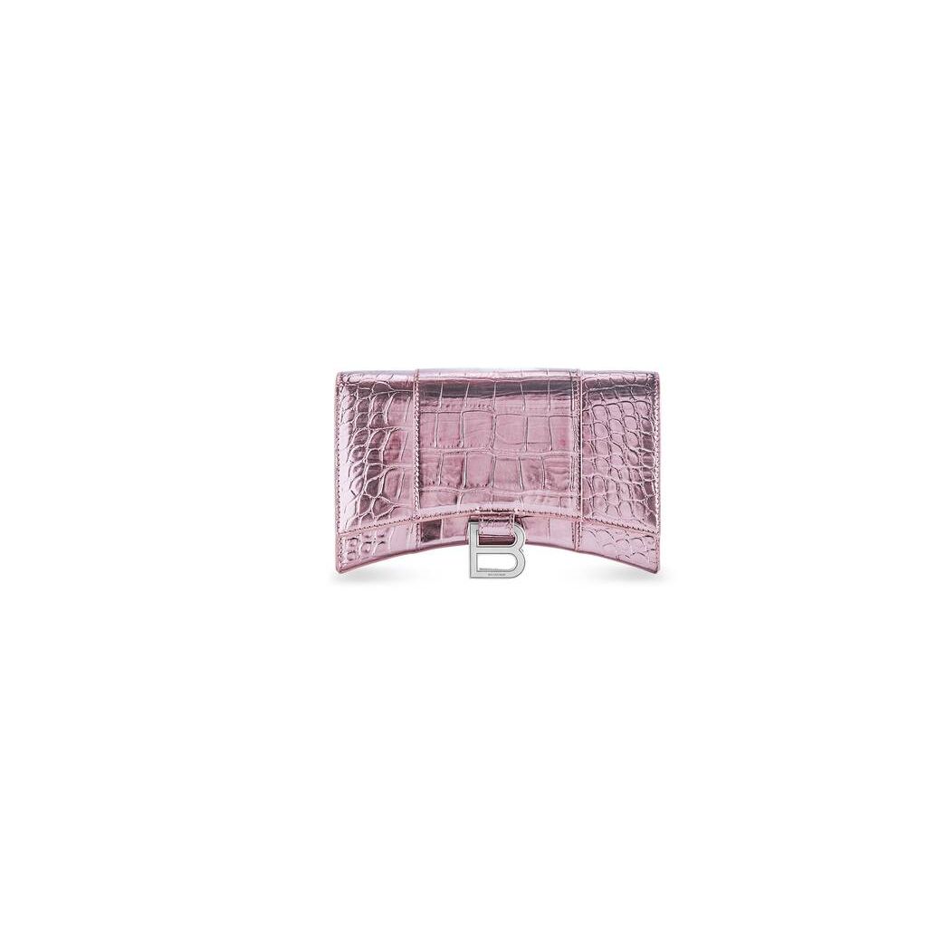 Women's Balenciaga Hourglass Metallized Crocodile Embossed Chain Strap Pink | 9480DOUEZ