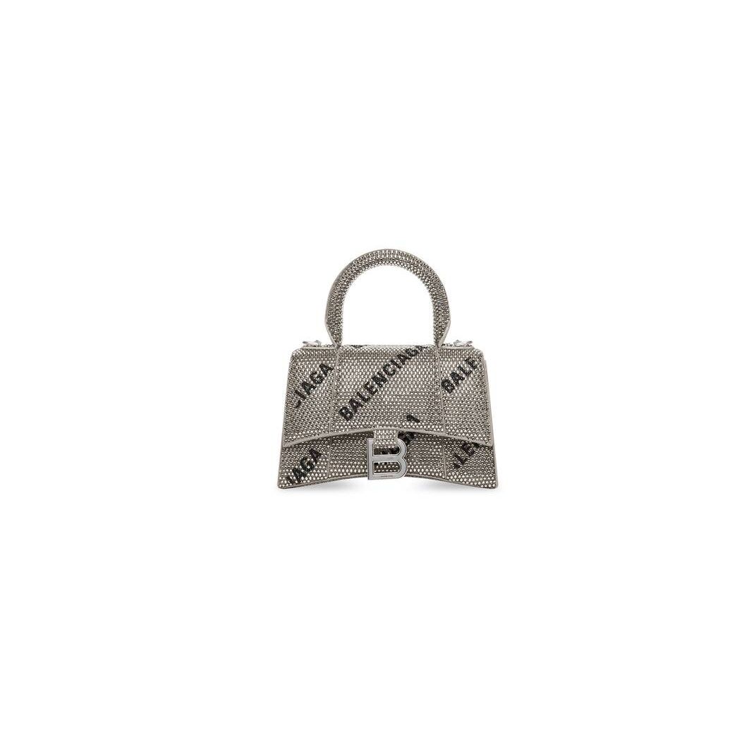 Women's Balenciaga Hourglass Xs Chain And Allover Logo Rhinestones Mini Bag Silver | 9281HSMIR