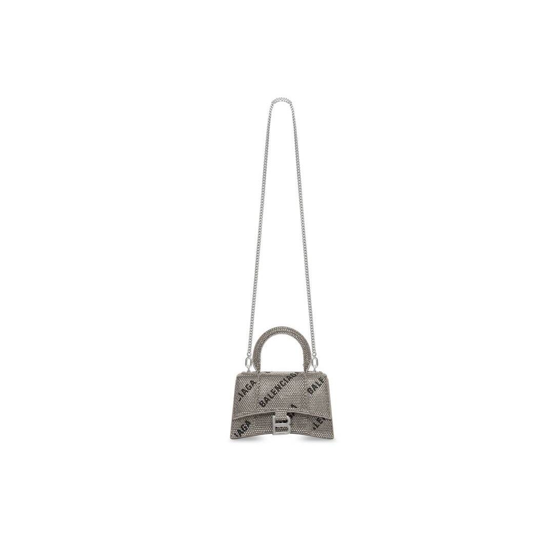 Women's Balenciaga Hourglass Xs Chain And Allover Logo Rhinestones Mini Bag Silver | 9281HSMIR